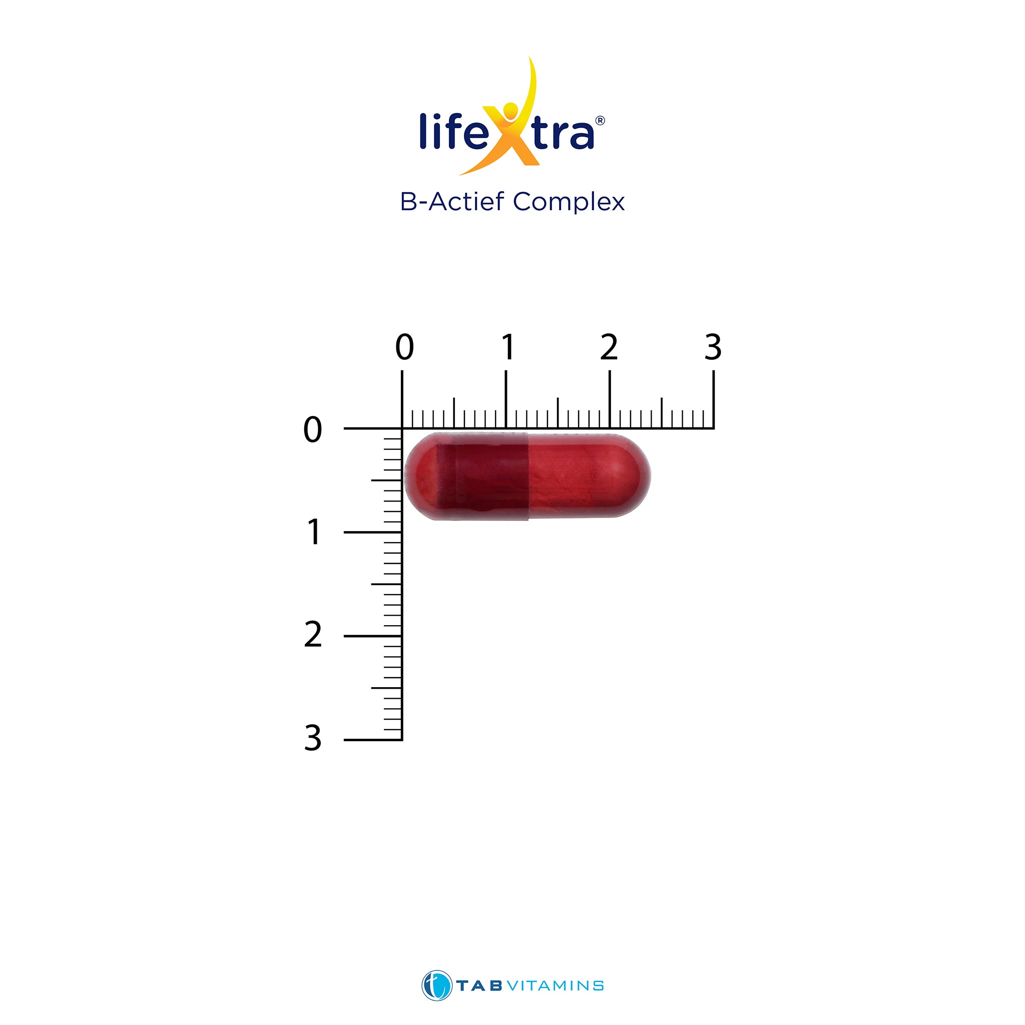 LifeXtra B-Active Complex capsule displayed with a ruler for size reference