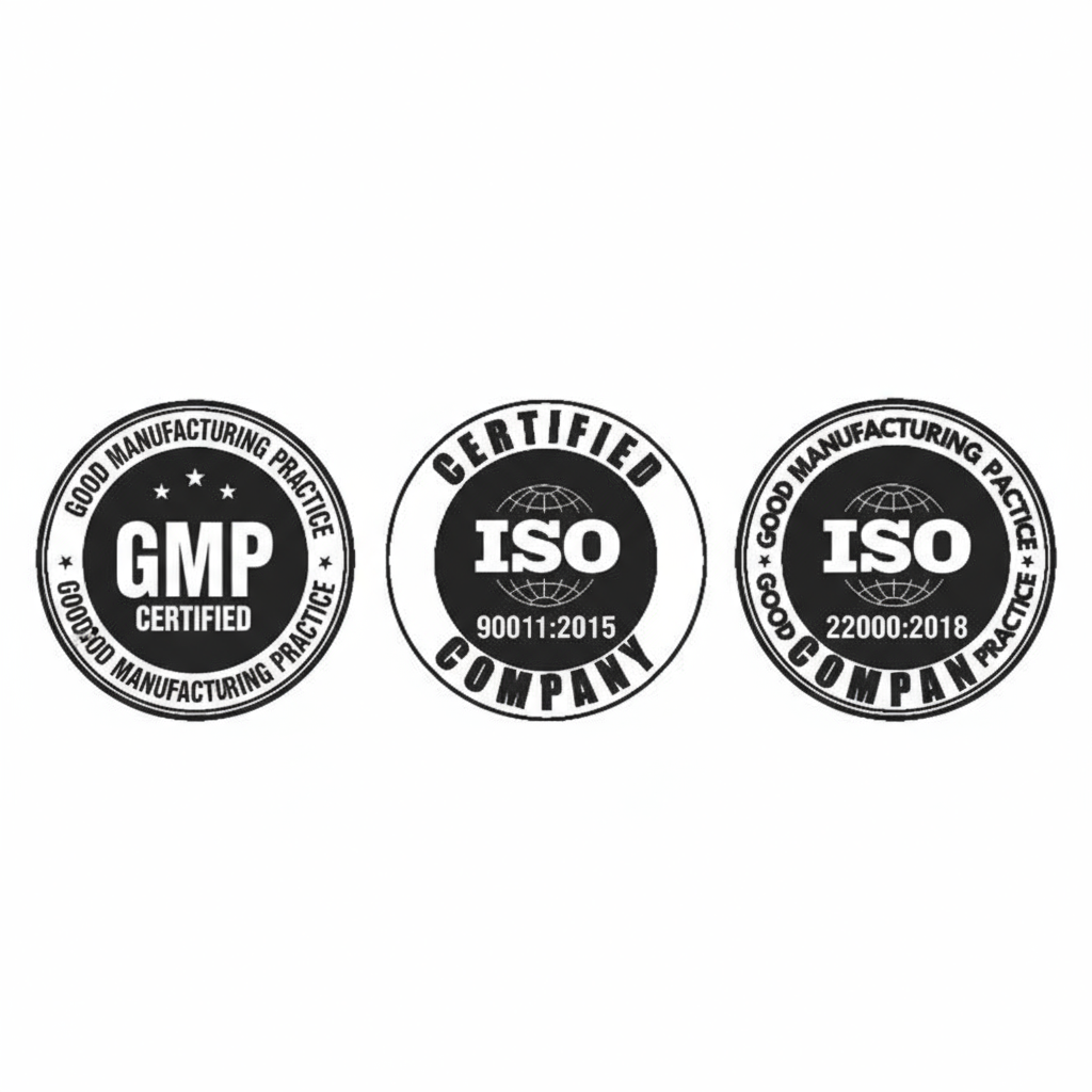 GMP Certified, ISO 9001:2015, and ISO 22000:2018 quality certification logos