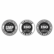 GMP Certified, ISO 9001:2015, and ISO 22000:2018 quality certification logos